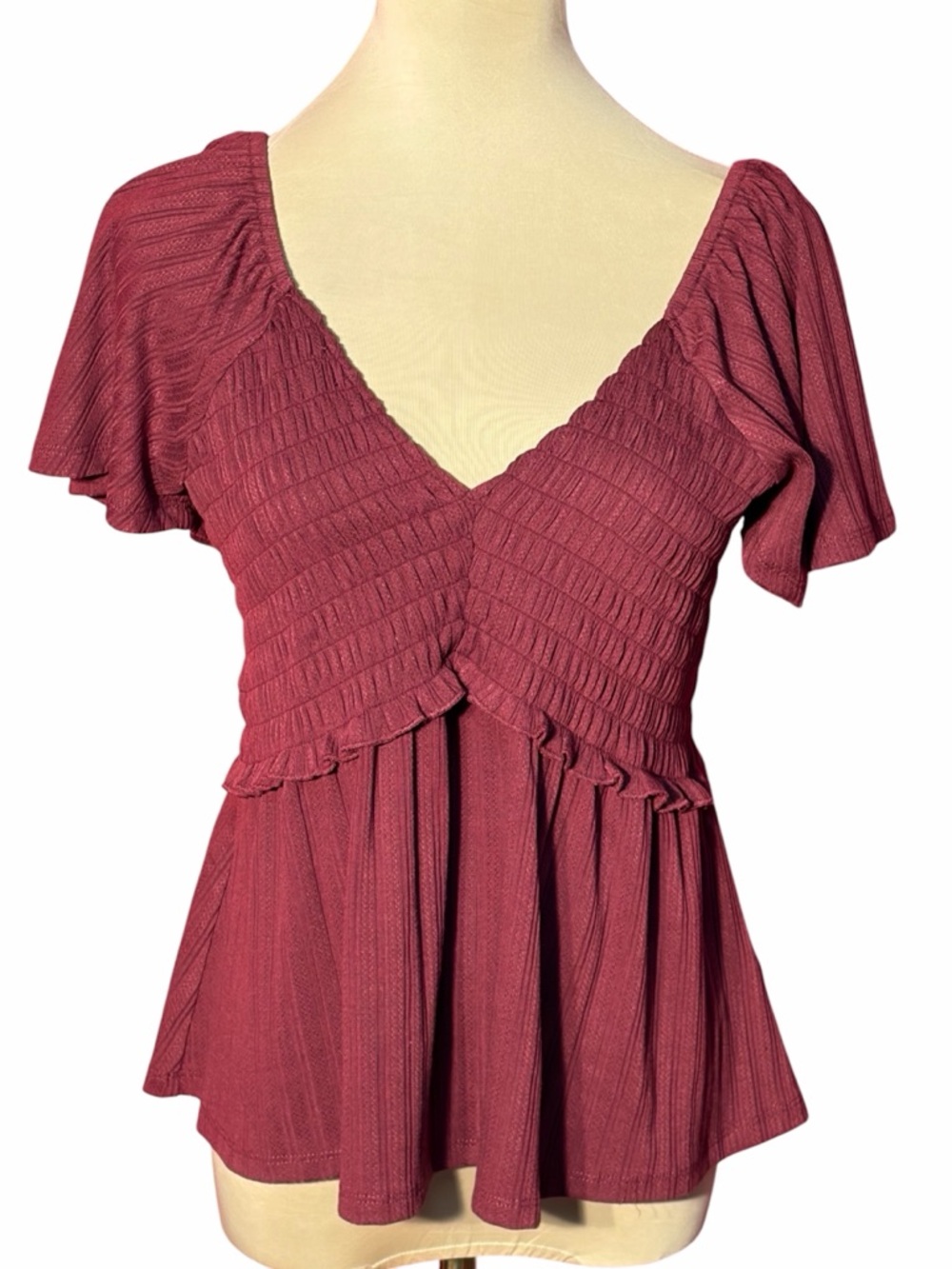 Moco Boutique Burgundy Smocked Peplum Top Flutter Sleeve Blouse Size L